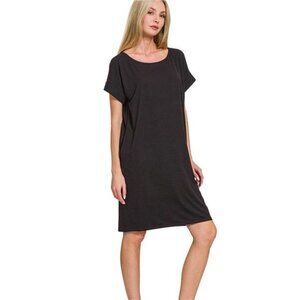 Zenana Rolled Short Sleeve Round Neck Dress‎